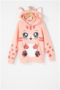 女童橘色小猫印花戴帽卫衣