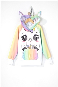 女童彩虹独角兽印花戴帽卫衣