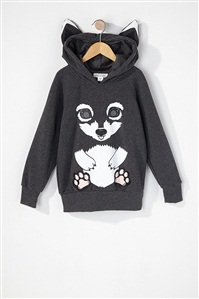 女童灰狼印花戴帽卫衣